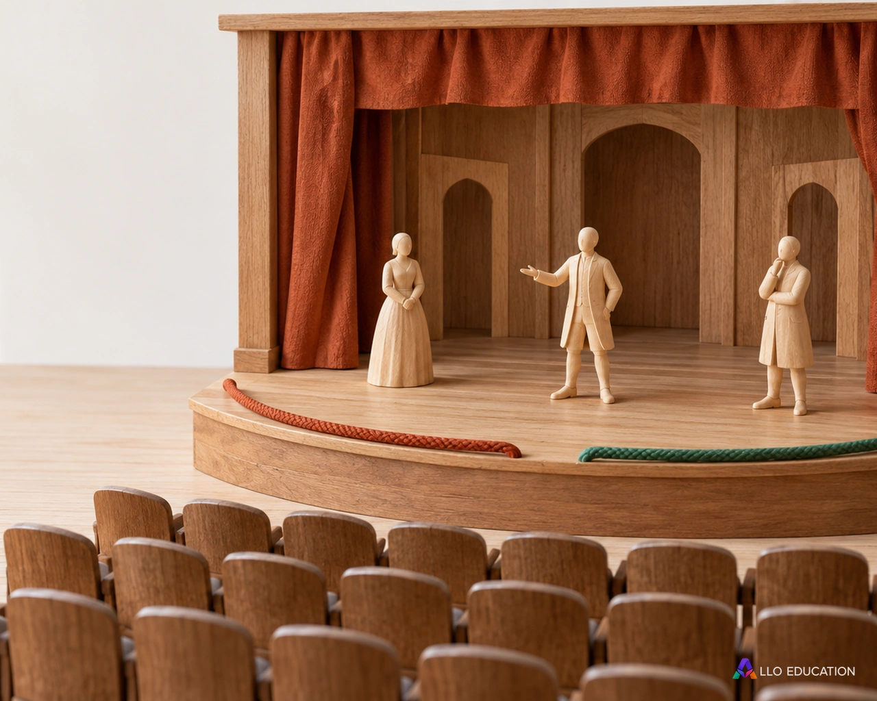 Une petite scène en bois et ses sièges annoncent deux trajets de lecture, entre personnages et vers le public.